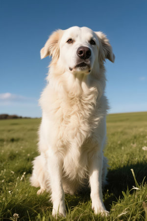Portrait of golden retriever dog in the field with blue skyの素材