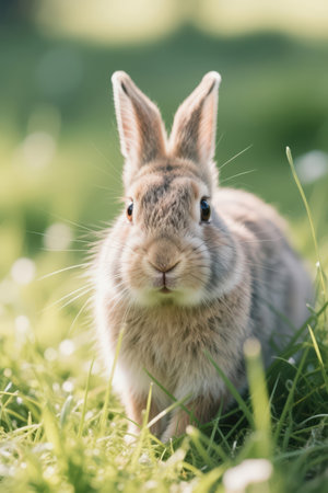 Cute little rabbit on the green grass in spring time, soft focusの素材