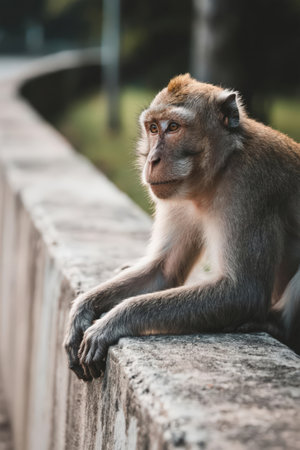 Monkey is sitting on the concrete bridge in the park. Thailandの素材