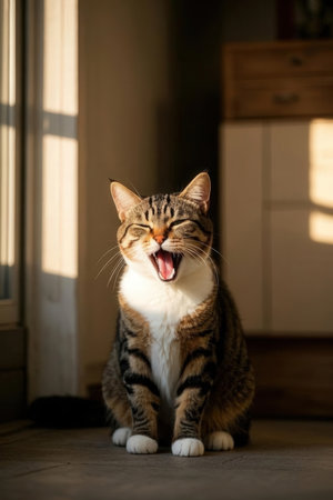 cute tabby cat yawning on the floor in the roomの素材