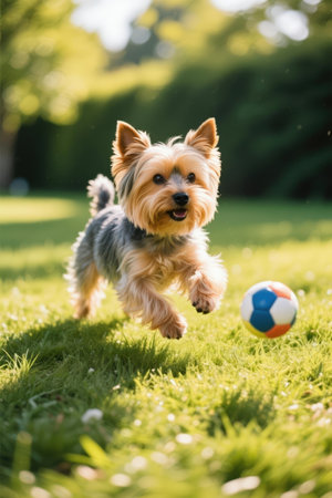 Yorkshire Terrier playing with a soccer ball in the park.の素材