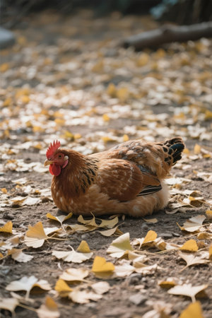 chicken on the ground with yellow leaves in the fall. selective focusの素材