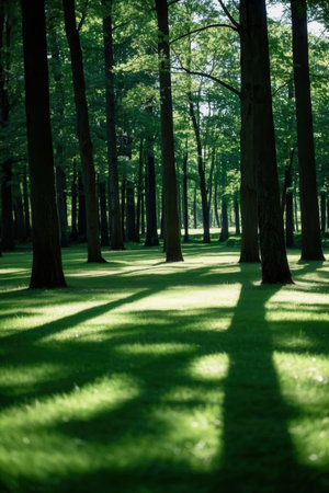 beautiful green forest in the morning with sun rays and long shadowsの素材