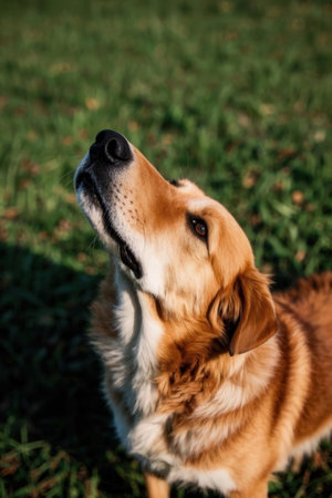 Portrait of a golden retriever dog in the park on a sunny dayの素材