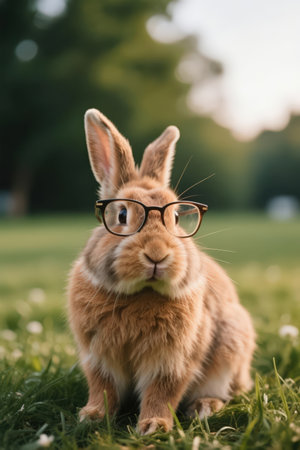 Cute rabbit wearing eyeglasses sitting on green grass in parkの素材