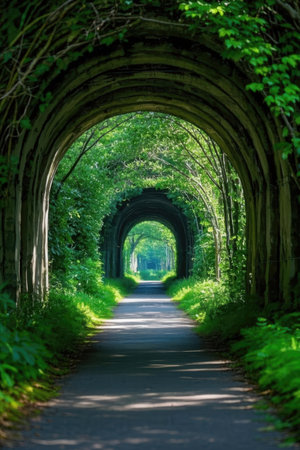 A tunnel in the middle of a green forest with trees and plantsの素材