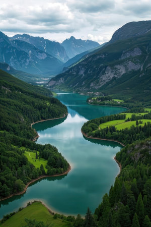 Panoramic view of the lake Obersee in Bavaria, Germanyの素材