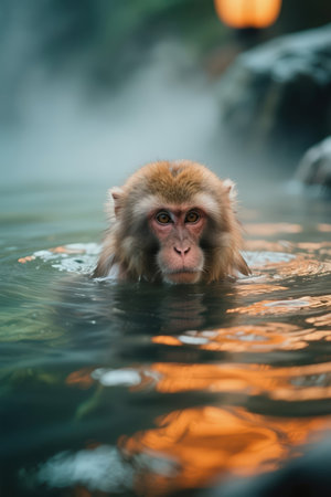 Japanese macaque in a hot spring in Kam Shan Country Park, Hong Kongの素材