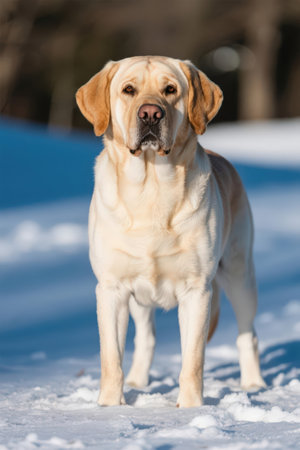 Beautiful yellow labrador retriever dog in the snow in winterの素材