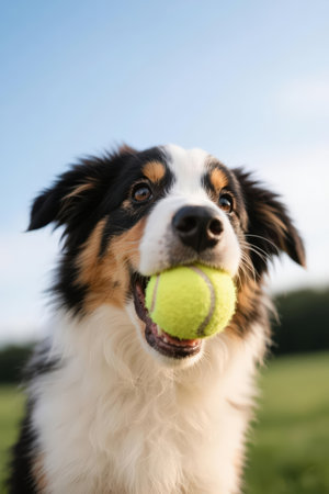 Portrait of australian shepherd dog with tennis ball in parkの素材