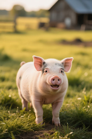 Piglet standing in the green field. Piglet looking at camera.の素材