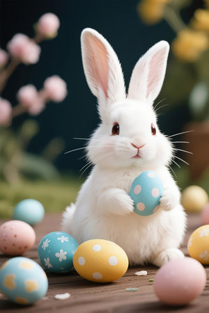 Easter bunny with colored eggs on wooden background. Happy Easter concept.の素材