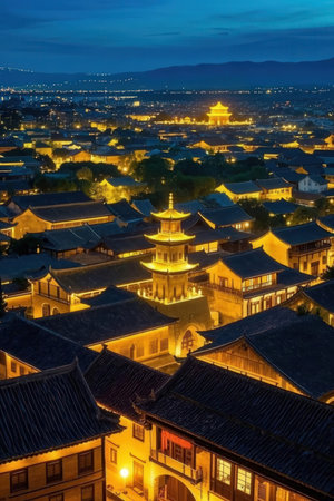 Night view of the ancient city of Pingyao, China.の素材