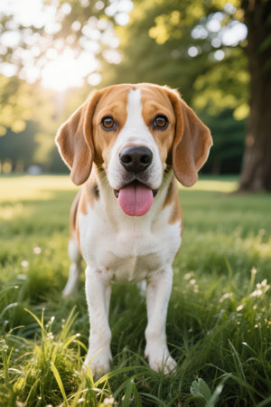 Cute beagle dog in the park. Beagle dog portrait.の素材