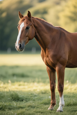 Portrait of a bay horse in the meadow at sunset.の素材