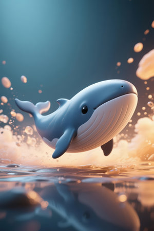 Cute cartoon whale floating in the water. 3D rendering.の素材