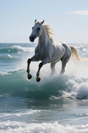 White horse galloping in the sea on a sunny summer day.の素材