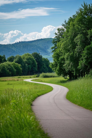 Rural road through the meadow and forest. Beautiful summer landscape.の素材
