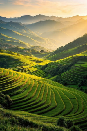 Rice terraces at sunset in Mu Cang Chai, YenBai, Vietnamの素材