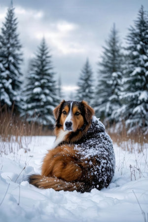 Portrait of australian shepherd sitting on the snow in winter forestの素材