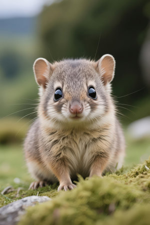 Close-up portrait of a striped squirrel on mossy rock.の素材