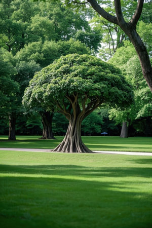 Big tree in the park with green grass and trees in the backgroundの素材