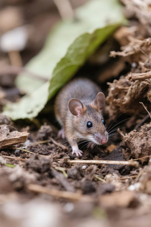 Close-up of a small brown mouse on the ground in natureの素材