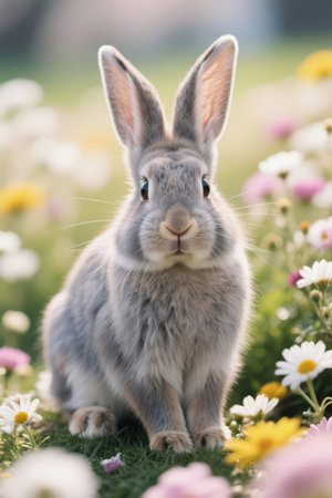 Cute gray rabbit sitting in the grass with daisies on the backgroundの素材