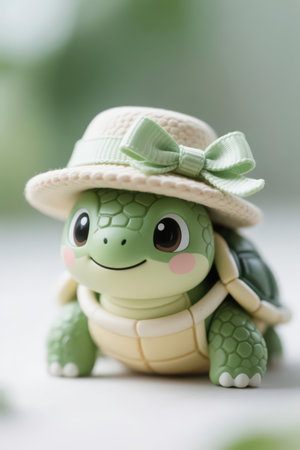 turtle wearing hat and green dress on green background,selective focusの素材