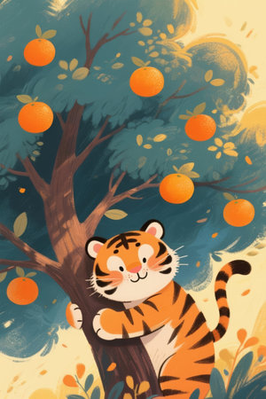 Cute tiger sitting on a tree with oranges. Vector illustration.の素材