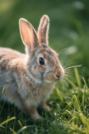 Cute little rabbit in the green grass. Springtime. Animal portrait.の素材