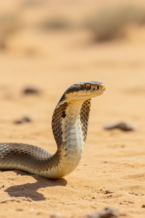 Close up of the head of a cobra snake in the desertの素材