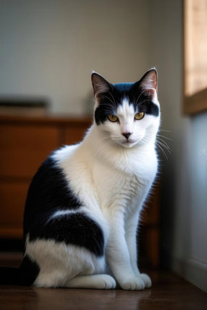 Black and white cat with yellow eyes sitting on the floor in the roomの素材