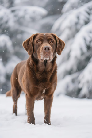 Labrador Retriever in the snow on a background of treesの素材