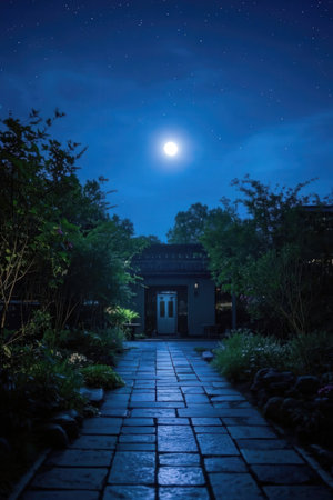 Night view of the moon rising over a stone pathway in the parkの素材