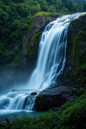 Beautiful waterfall in the mountains. Long exposure shot. Shallow depth of field.の素材