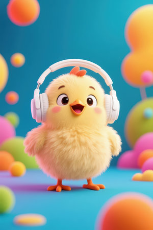 Cute little chicken listening to music with headphones on blue background.の素材