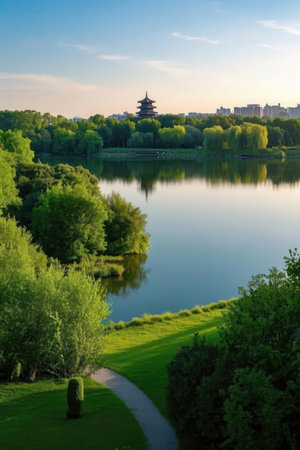 Beautiful view of the lake and pagoda in Beijing, Chinaの素材