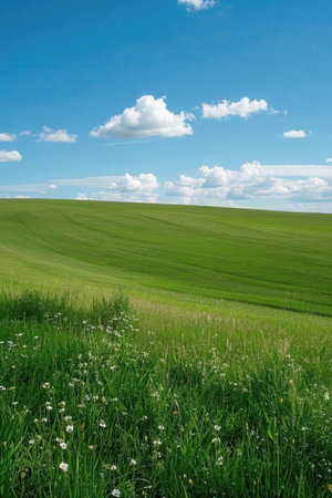 Green field and blue sky with white clouds. Beautiful summer landscape.の素材