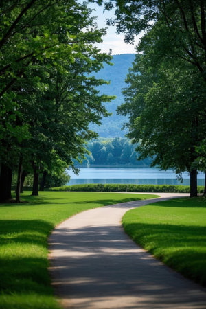 Walkway in the park at the lake with green grass and treesの素材