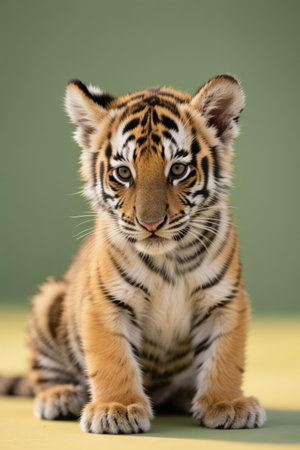 Portrait of a tiger cub on a green background. Studio shot.の素材