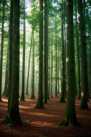 Morning in the forest with sun rays passing through the tree trunksの素材