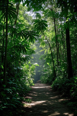 Hiking trail in the tropical forest. Bali island, Indonesiaの素材