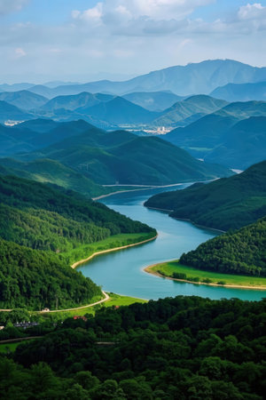 Beautiful view of the mountains and the river in South Korea.の素材