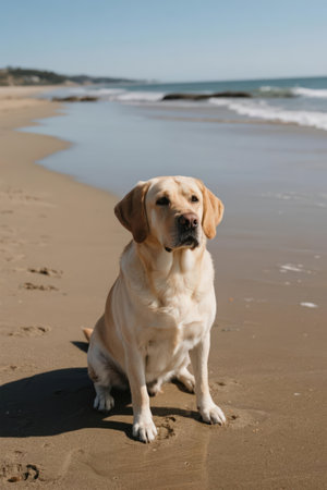 Labrador retriever sitting on the beach, looking at the cameraの素材