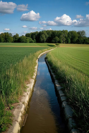 A small canal in the middle of a green wheat field and blue skyの素材