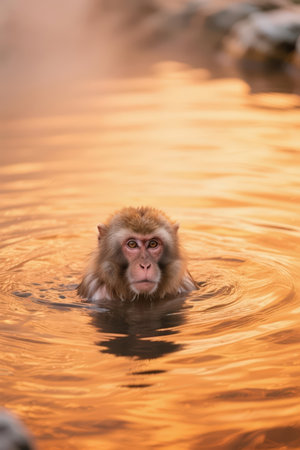 Japanese macaque (Macaca fuscata) in the water.の素材
