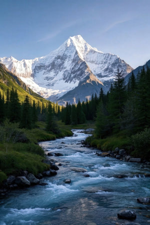 Mountain landscape with a river in the foreground and snow-capped peaks in the backgroundの素材