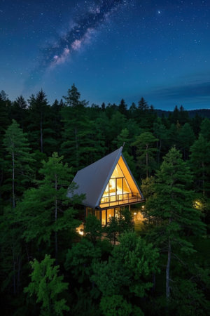 Beautiful night landscape with starry sky over the forest and the houseの素材