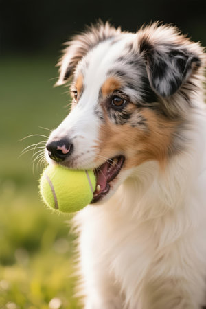 Australian shepherd puppy playing with a tennis ball in the park on a sunny day.の素材